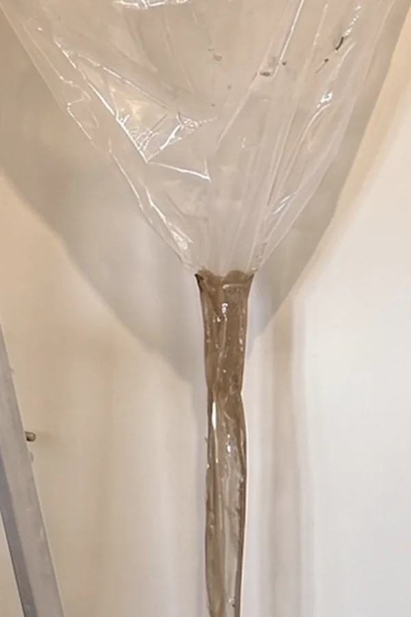 Manchon d'évacuation en plastique rempli d'eau de rinçage brune, descendant de la bâche vers le seau